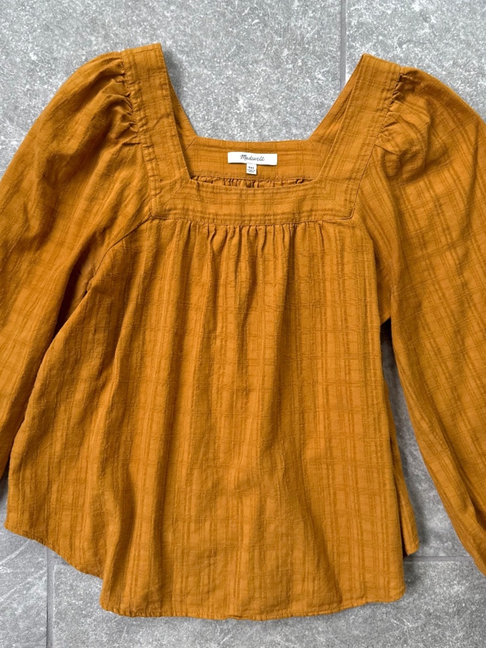 Madewell Square Neck Puff Sleeve Top Golden Brown Textured Cotton XXS